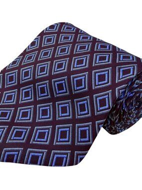 Perry Ellis Mens Burgundy & Blue 100% Silk Geometric Pattern Necktie